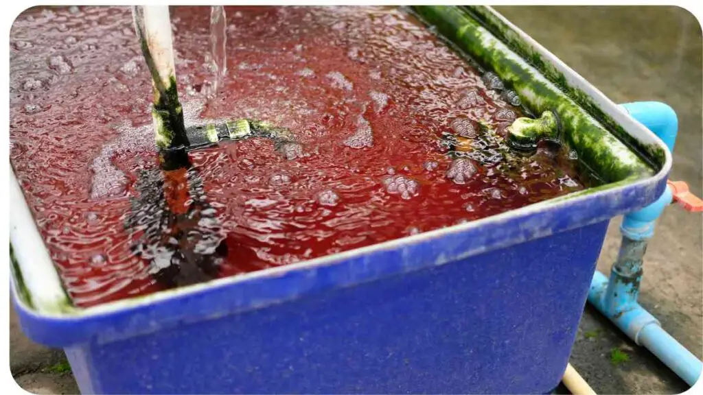 a bucket filled with red liquid sitting on the ground