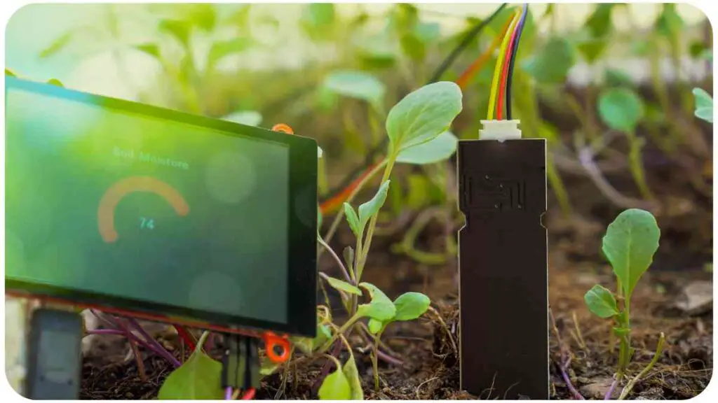 an electronic device is sitting in the ground next to a plant
