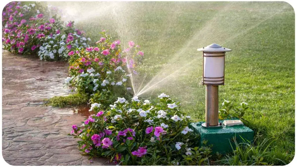 a sprinkler is spraying water on a flower garden