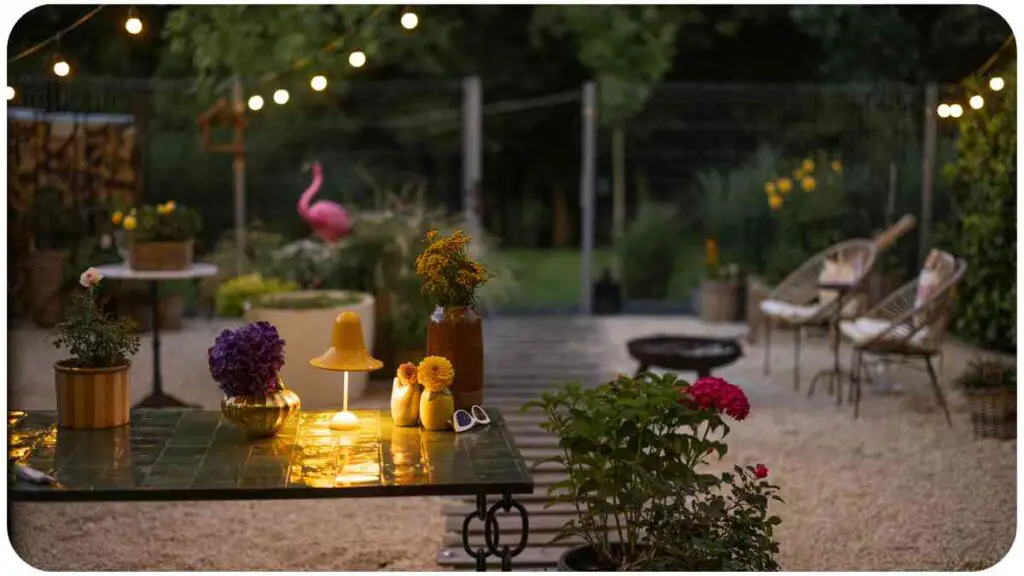 an outdoor patio with string lights and a flamingo