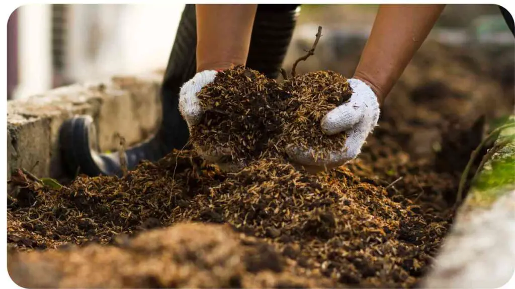 a person in gloves picking up soil from a garden