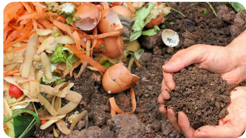 a person is holding soil in front of a pile of vegetables