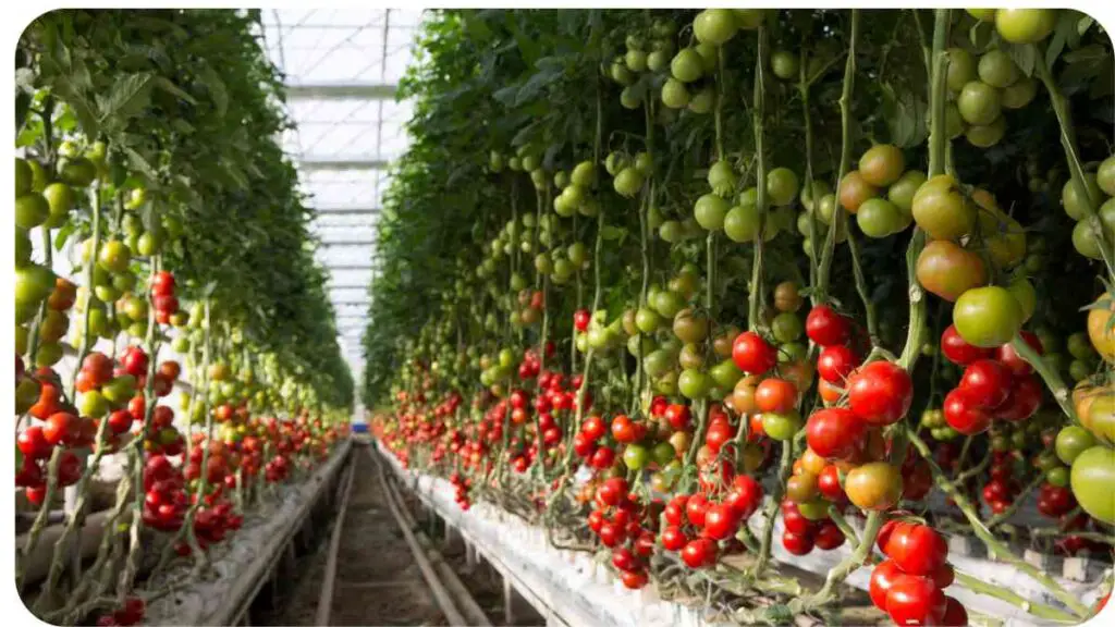 tomatoes growing in a greenhouse