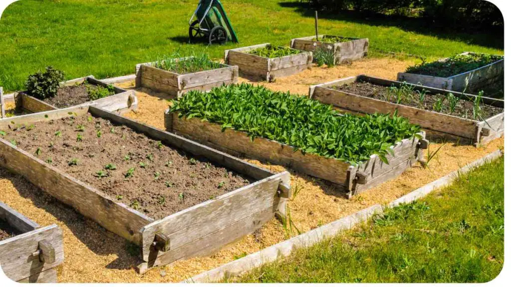 several raised garden beds with plants in them