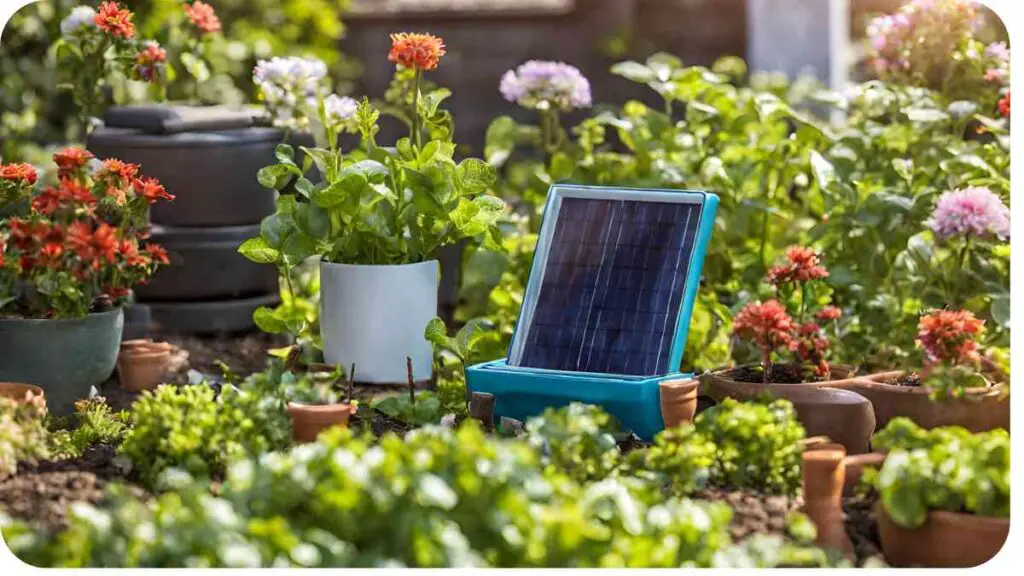 a small solar powered device is sitting in the middle of a garden