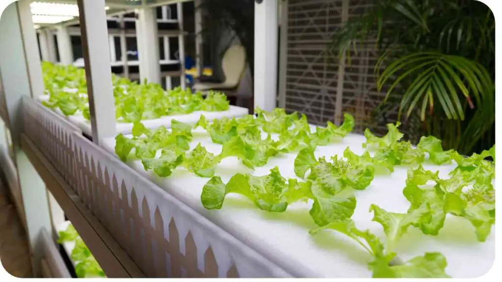 a row of lettuce plants in an indoor hydroponic farm