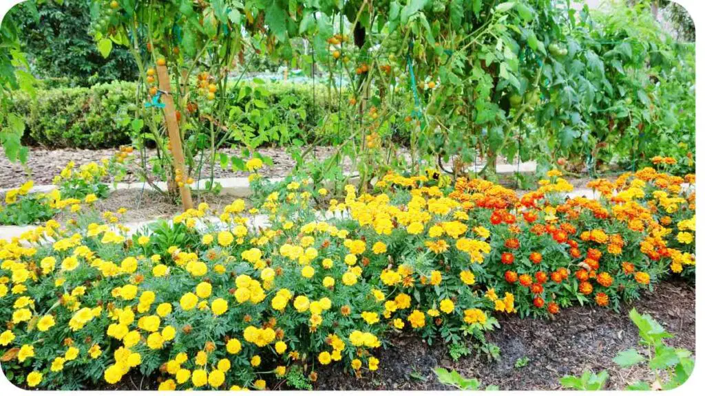a flower garden with orange and yellow flowers