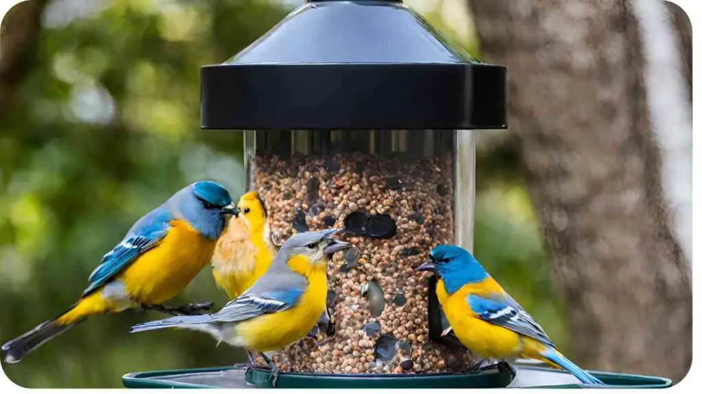 a group of blue and yellow birds eating from a bird feeder