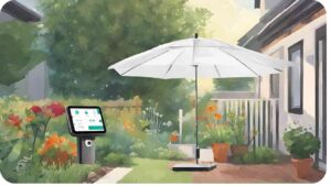 an image of a garden with an umbrella and a tablet computer