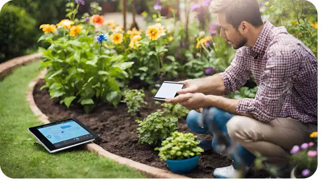 a person using a tablet in a garden