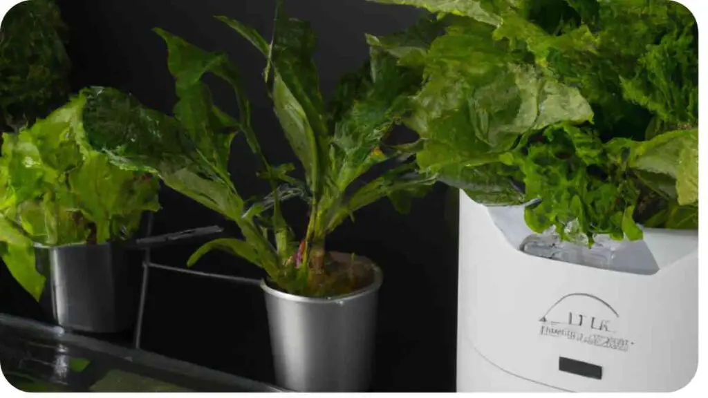 a group of potted plants on a table next to an air purifier