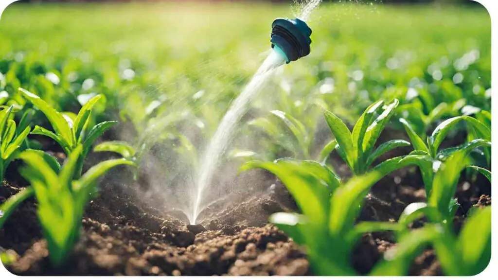 a sprinkler is watering a field with green plants
