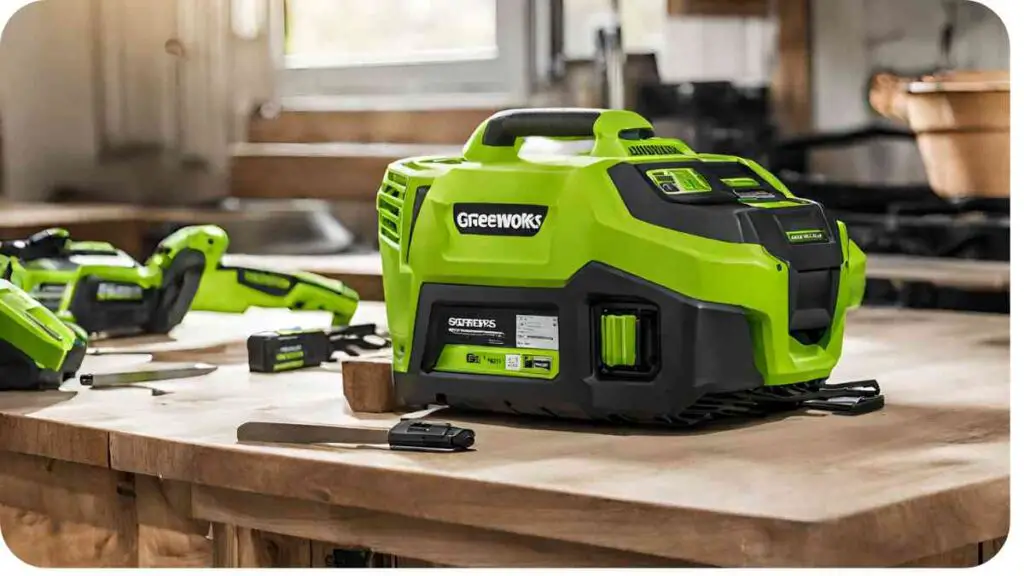 a green and black cordless power tool sitting on top of a wooden table