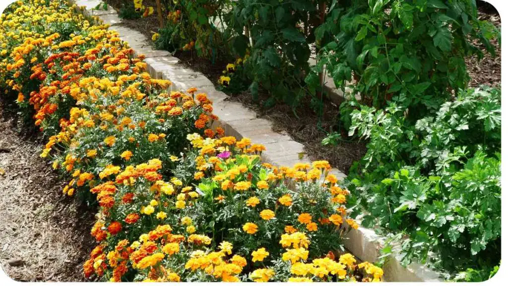 a row of yellow and orange flowers in a garden bed