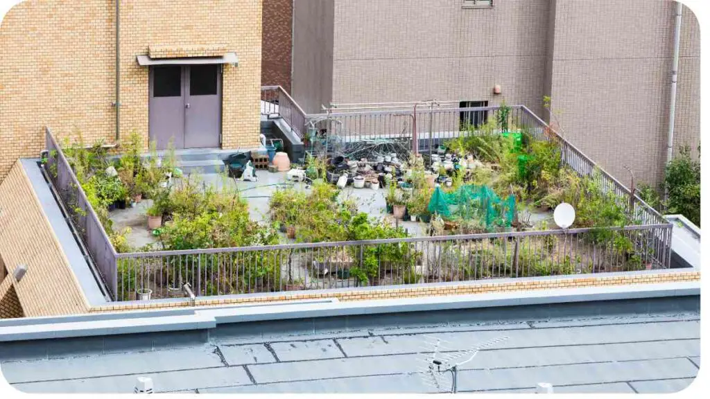 a rooftop garden with plants on top of a building
