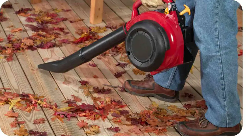 a person using a leaf blower on a wooden deck
