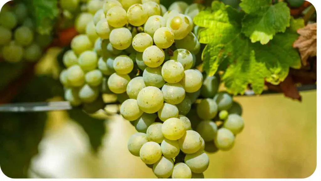 a bunch of white grapes hanging on a vine