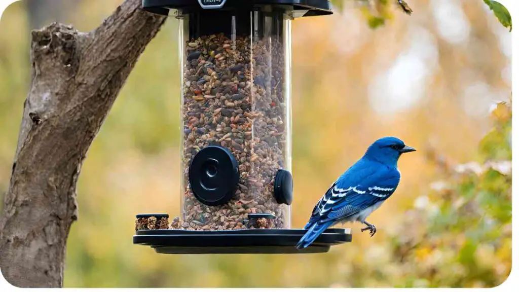 a blue bird is perched on a bird feeder