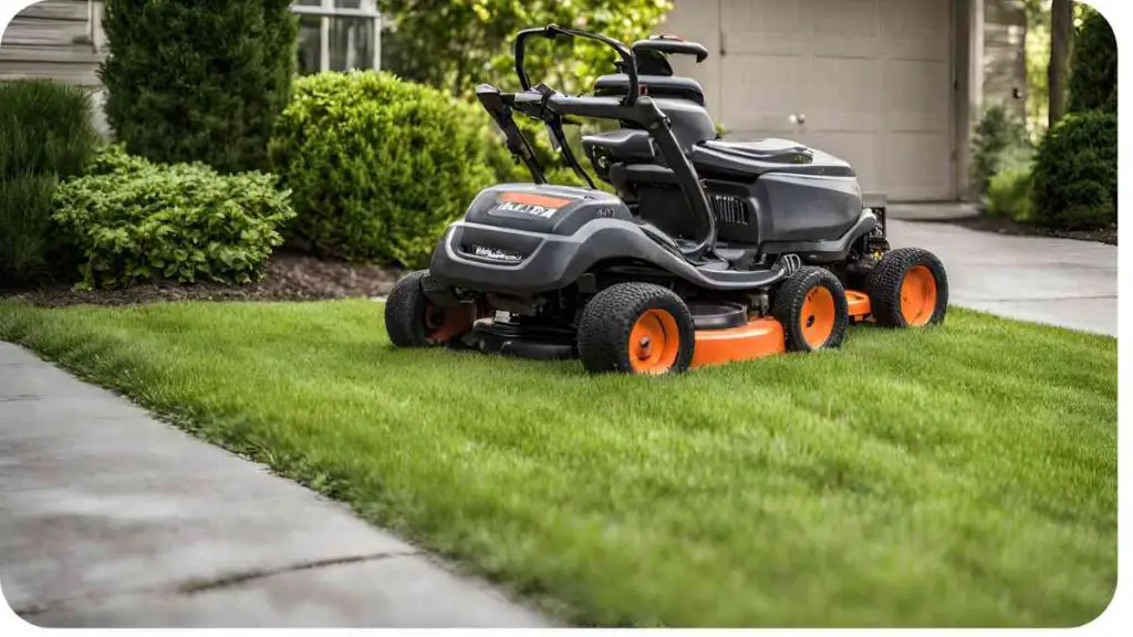 a lawn mower sitting on the grass in front of a house