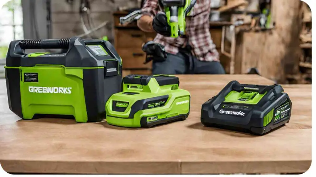 three greenworks power tools on a table