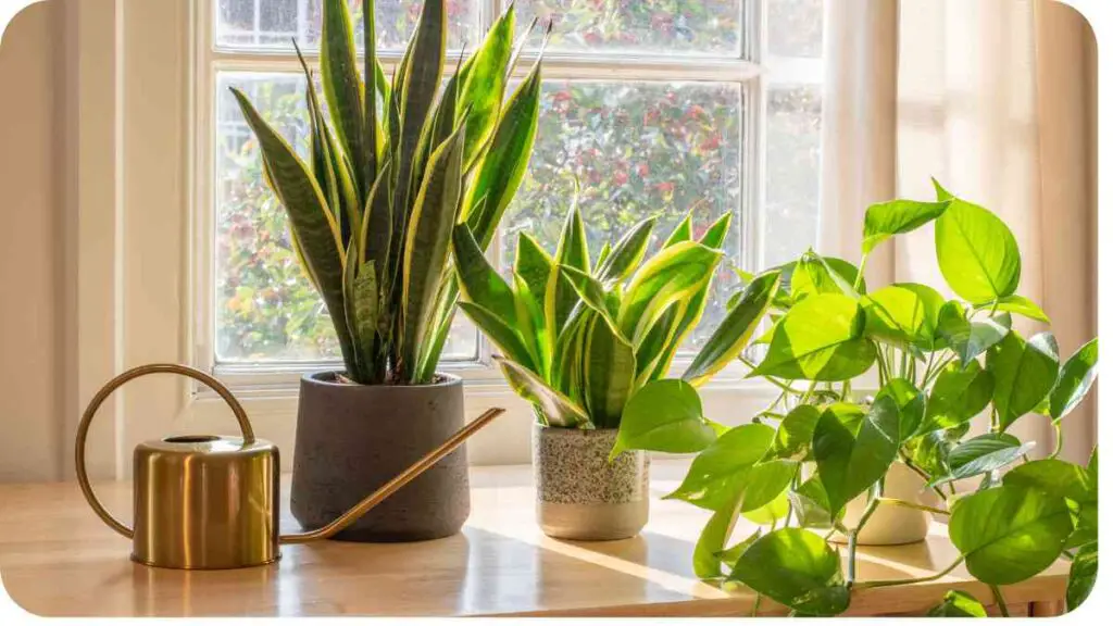 three houseplants sit on a window sill next to a watering can