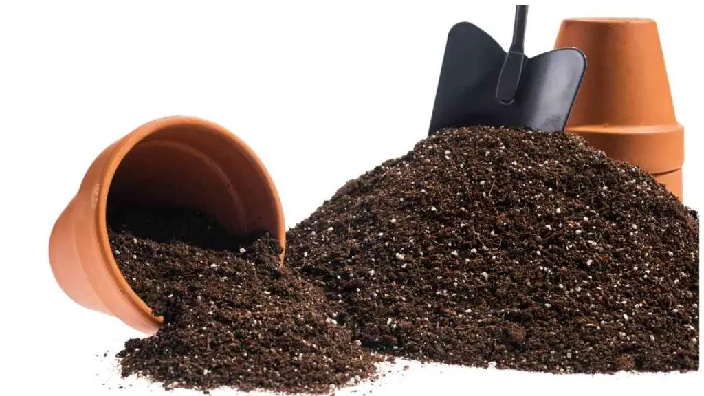 a pile of dirt with a shovel and a pot of soil