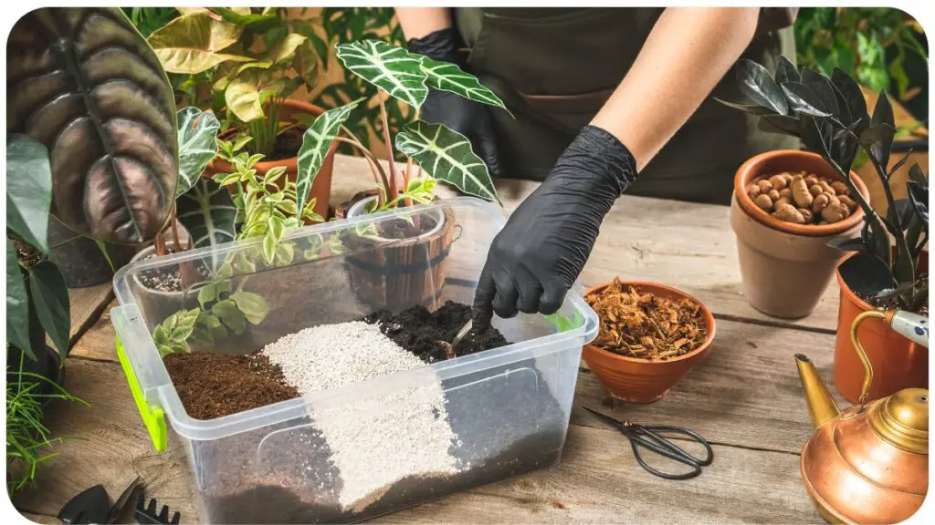 a person is putting soil in a plastic container on a wooden table