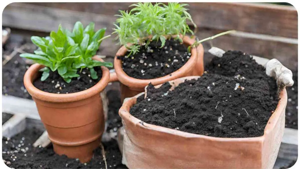 three pots with soil and plants in them