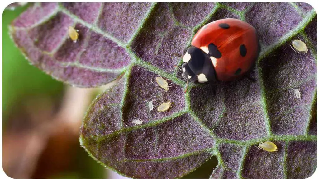 a ladybug is sitting on a purple leaf