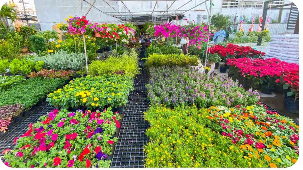 various types of flowers and plants for sale in a garden center