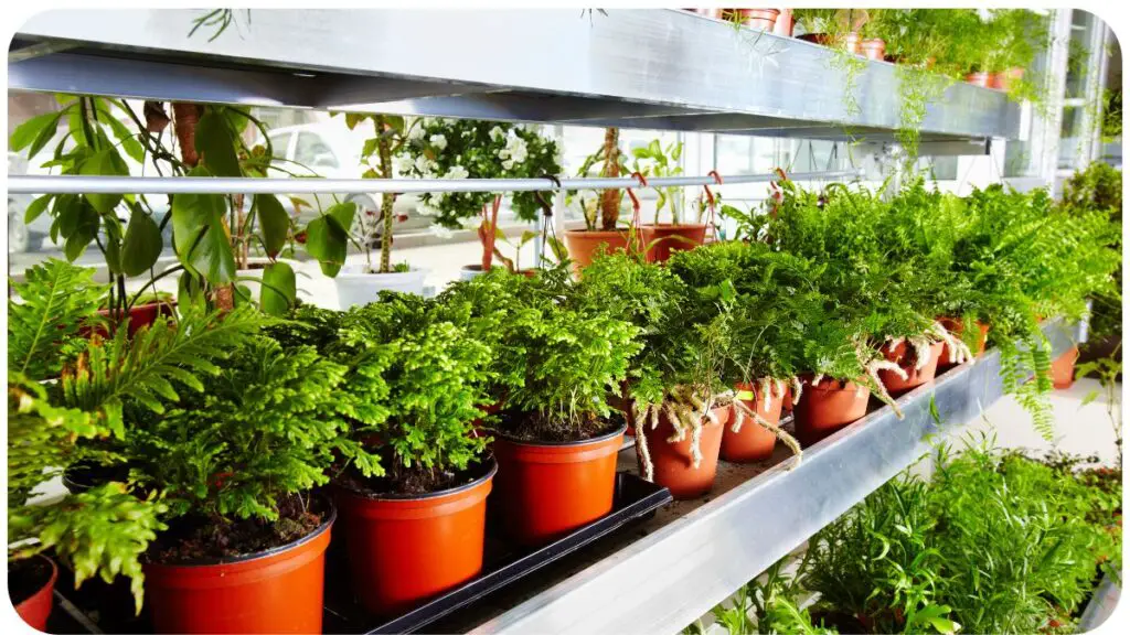 a row of potted plants on a shelf in a greenhouse