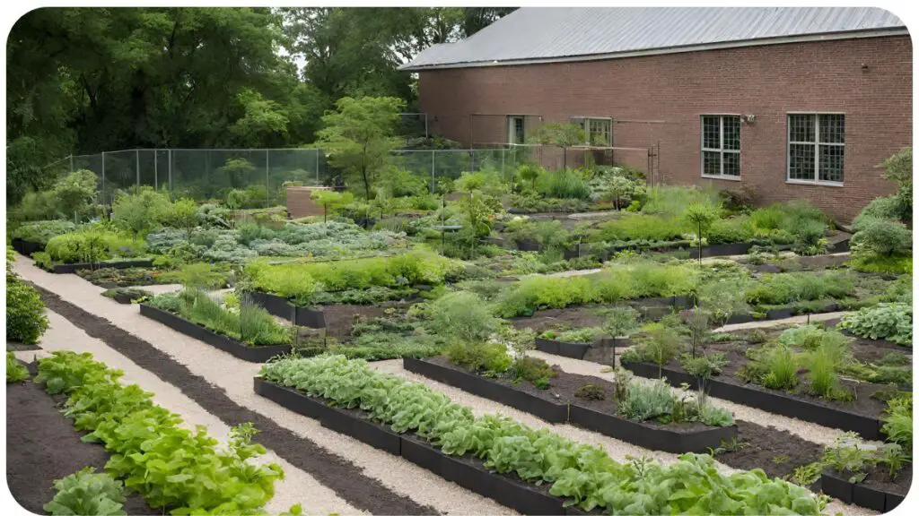 vegetable garden with raised beds in front of a brick building