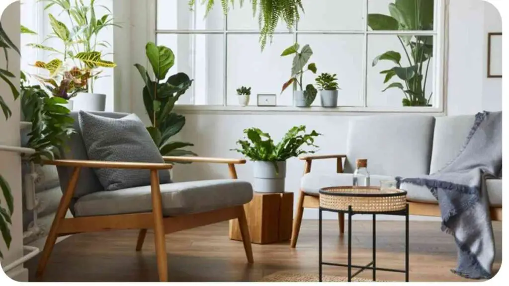 a living room with white furniture and potted plants