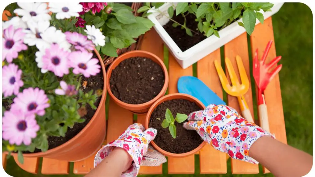 a pair of hands are holding a pair of gardening gloves and gardening tools on a wooden table