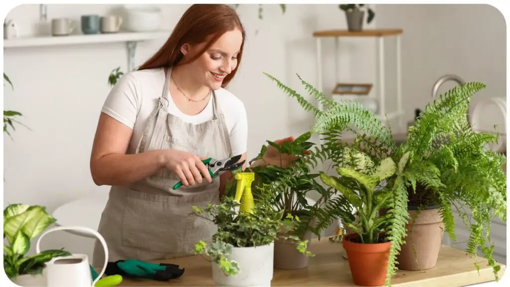 a person in an apron is trimming potted plants