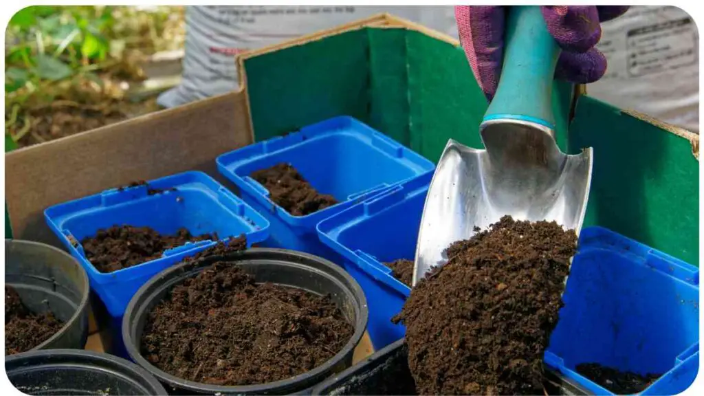a person is using a shovel to scoop soil into containers