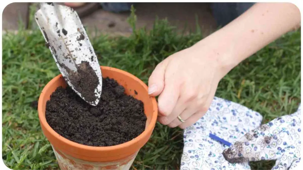 a person is using a shovel to plant soil in a flower pot