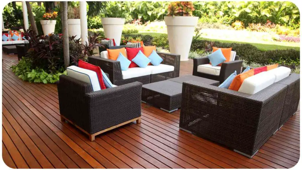 a wooden deck with wicker furniture and colorful pillows