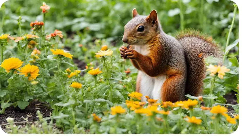 a squirrel is eating some flowers in a field