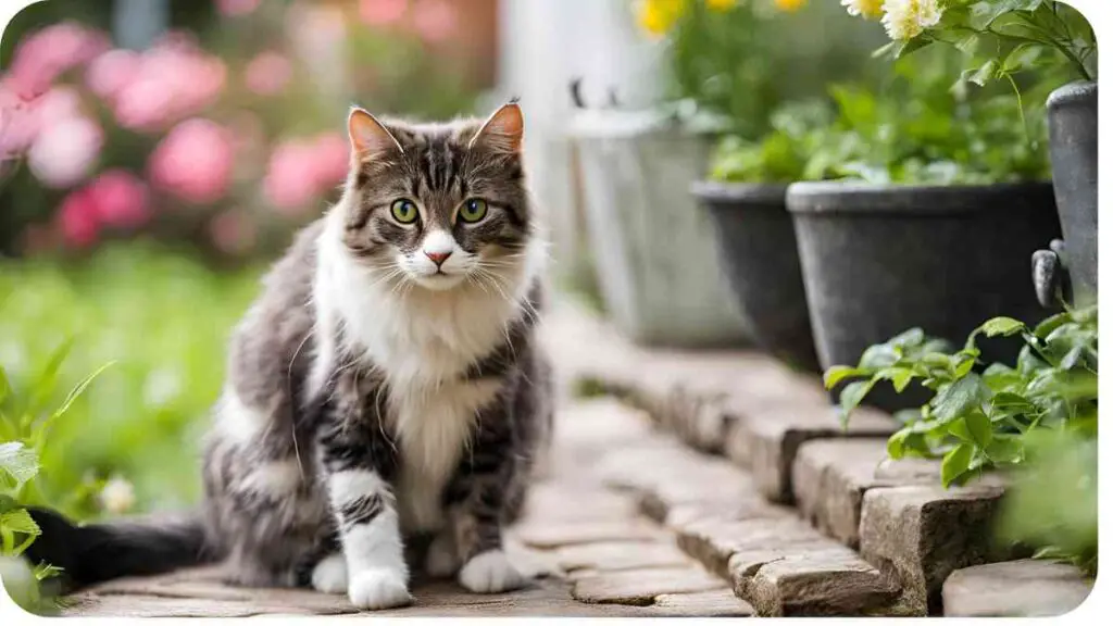 a gray and white cat sitting on a stone path
