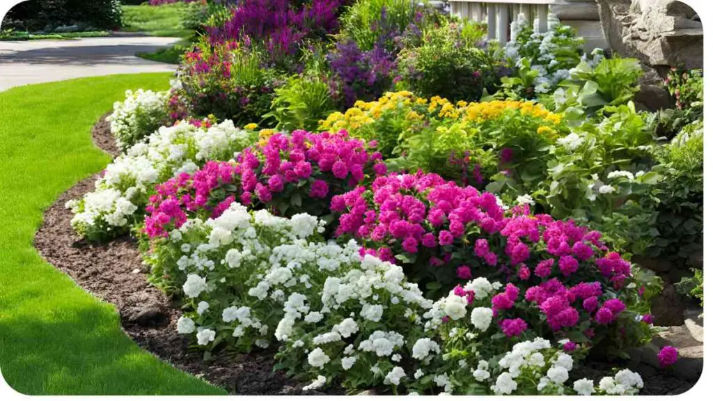 a flower bed with lots of different colored flowers