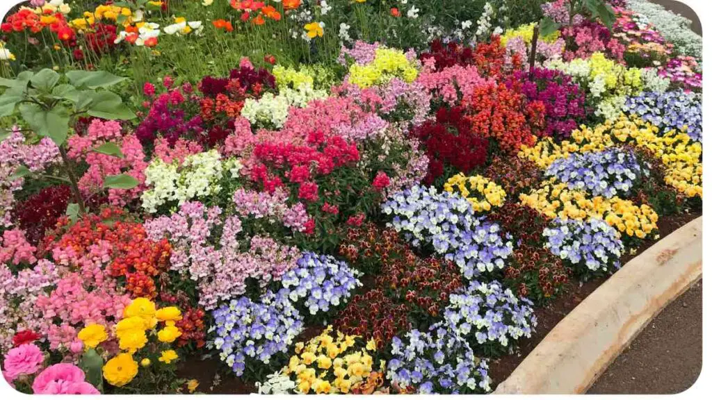 a flower bed with many different types of flowers