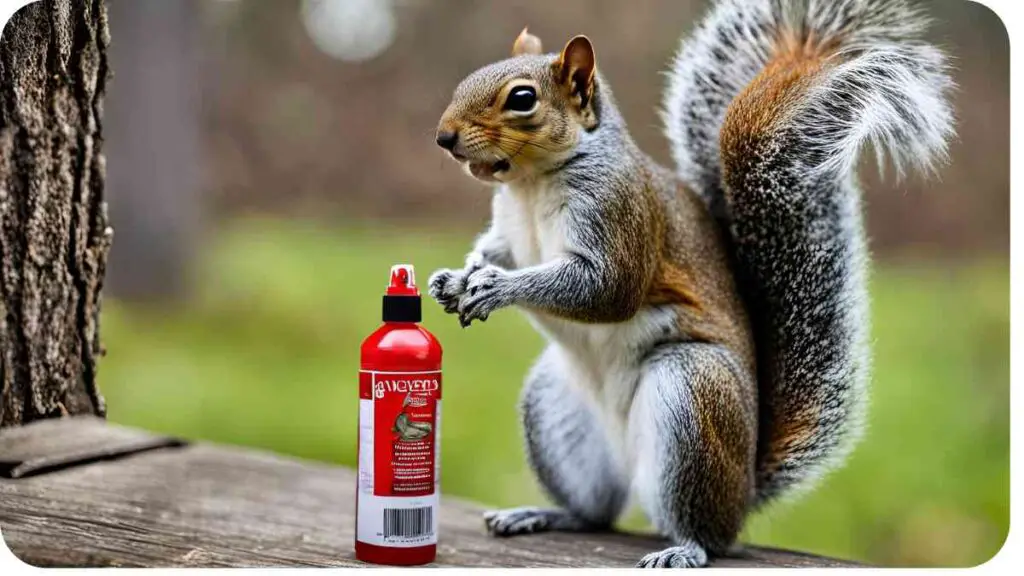 a squirrel is sitting on a bench with a bottle of red spray