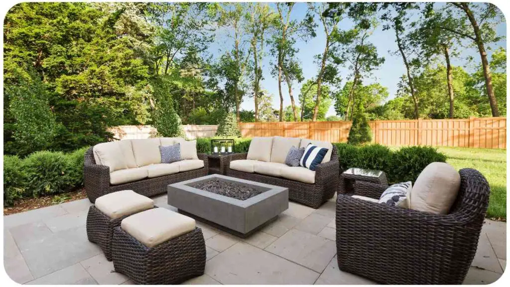 an outdoor patio furniture set with cushions and a fire pit