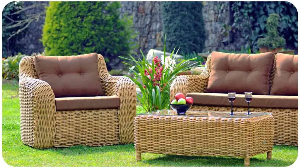 an outdoor wicker furniture set in the garden
