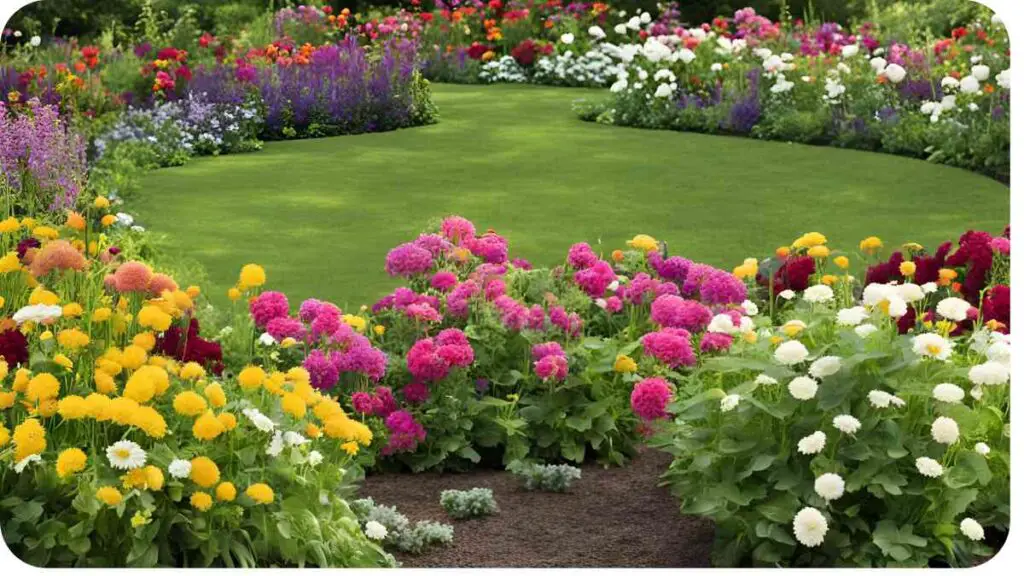 an image of a flower garden in the middle of a lawn