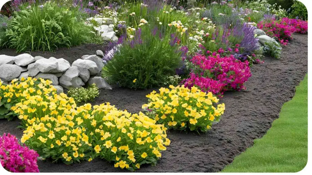 a flower bed with colorful flowers and rocks