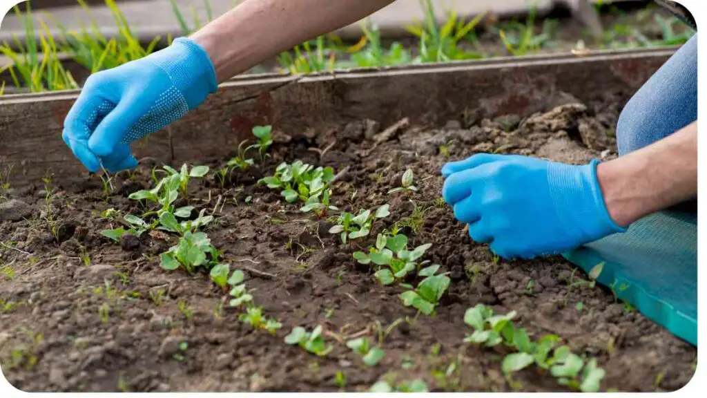 a person wearing blue gloves and a pair of gardening gloves is tending to plants in a garden