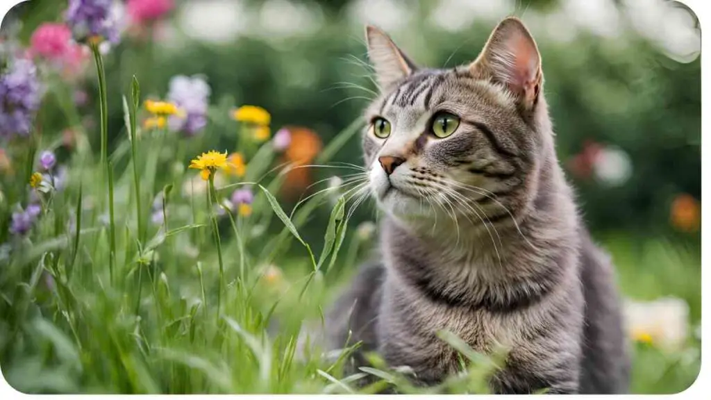 a cat is sitting in a field of flowers