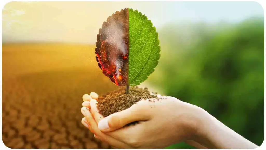 a hand holding a leaf with dirt on it in front of a field